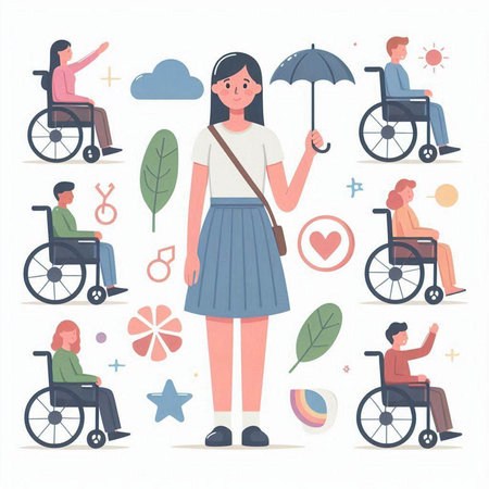Disabled people flat vector illustration. Woman in a wheelchair holding an umbrella.のイラスト素材