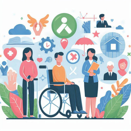 Disabled people concept. Handicapped person in wheelchair with medical icons. Vector illustrationのイラスト素材