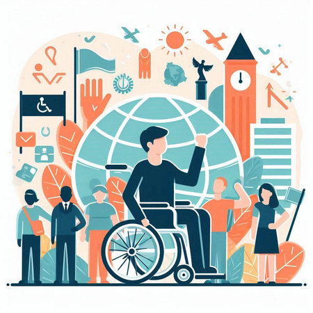 Disabled person in wheelchair on city background. Flat vector illustration.のイラスト素材