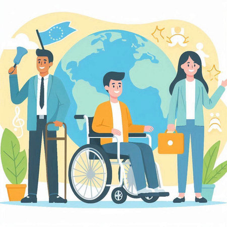 Disabled people in wheelchair vector illustration. Cartoon man and woman in wheelchair with world map on background.のイラスト素材