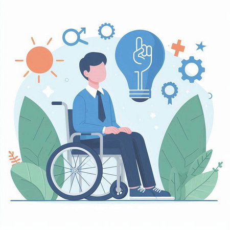Handicapped man in wheelchair with lightbulb. Vector illustrationのイラスト素材