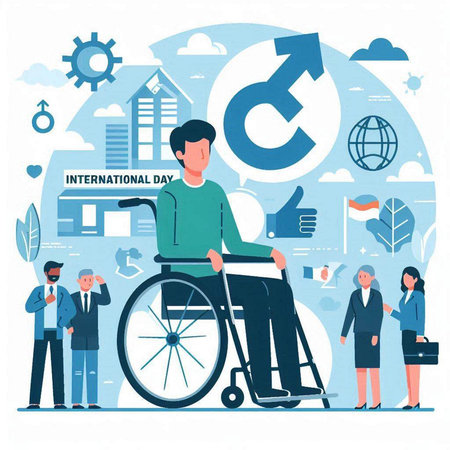 Disabled person in wheelchair vector illustration. Cartoon flat man in wheelchair, businessman with briefcase and business people on backgroundのイラスト素材