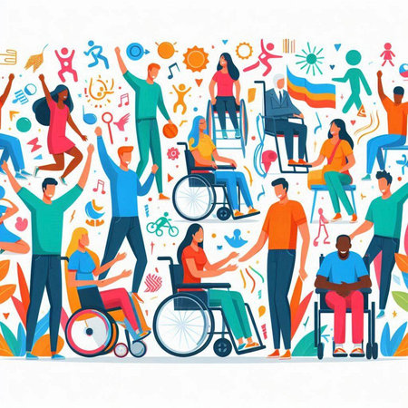 Handicapped people in different nationalities and nationalities, flat vector illustration.のイラスト素材