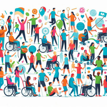 Disabled people flat color vector illustration. Group of people with disabilities, handicapped men and women isolated cartoon characters on white backgroundのイラスト素材
