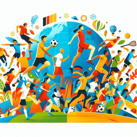 Soccer players in action on the background of the planet. Vector illustrationのイラスト素材