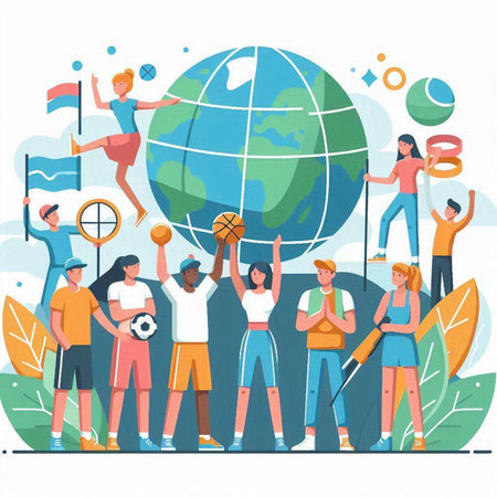 People of different nationalities and cultures with globe and flags vector illustration.のイラスト素材