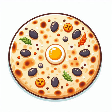 Pizza with egg and olives isolated on white background. Vector illustration.のイラスト素材