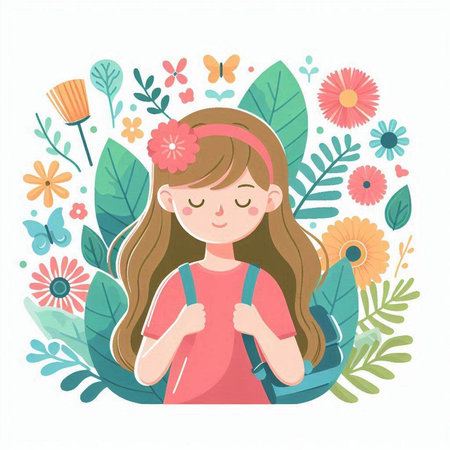 Cute little girl with flowers and leaves. Vector illustration in cartoon style.のイラスト素材