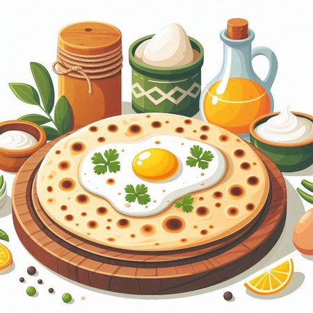 Illustration of a delicious breakfast with eggs and vegetables on a white backgroundのイラスト素材