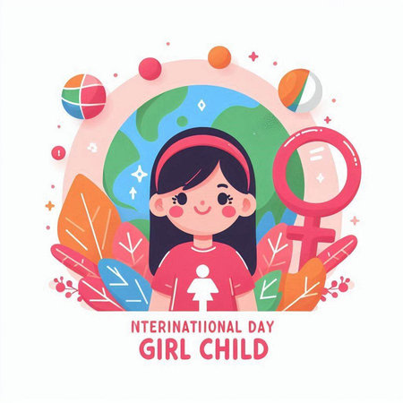 International Girl Child Day greeting card. Cute cartoon girl in the world. Vector illustration.のイラスト素材