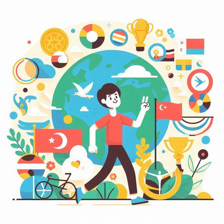 Vector illustration of happy boy with flag on the background of the world.のイラスト素材