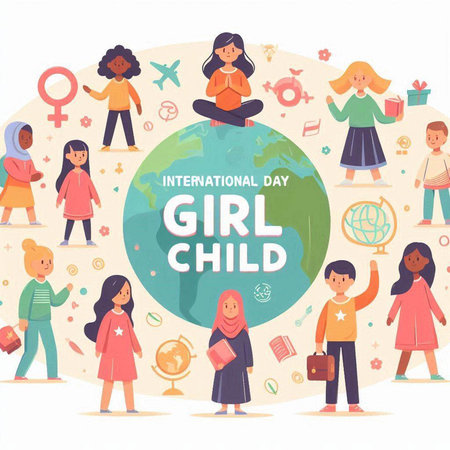 International Girl Child Day greeting card. Vector illustration in flat cartoon styleのイラスト素材