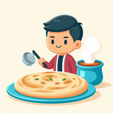 Illustration of a boy cooking pizza. Vector illustration in cartoon style.のイラスト素材