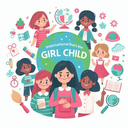 Vector illustration of a group of children with a globe and books in their hands.のイラスト素材