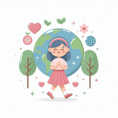 Cute little girl walking around the planet earth. Vector illustration.のイラスト素材
