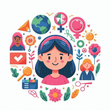 Vector illustration of a girl in a circle surrounded by social media iconsのイラスト素材