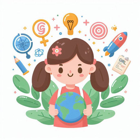 Cute little girl with world globe and education icons. Vector illustration.のイラスト素材