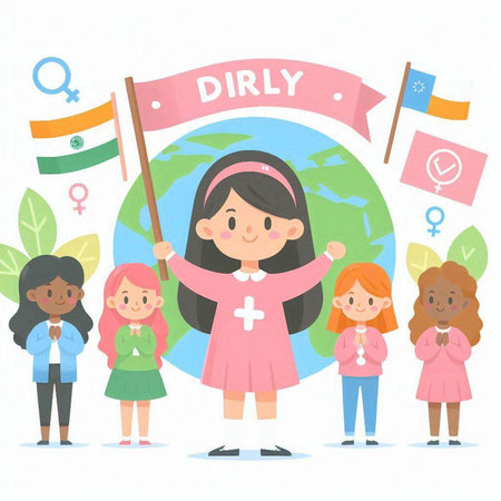 Diverse Group of Kids Wearing Pink Dress Holding Flag, International Day of Persons with Disabilities Vector Illustrationのイラスト素材