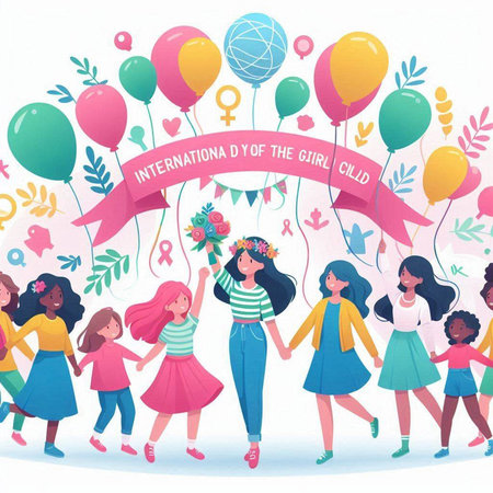 International Womens Day greeting card with cute little girls. Vector illustration.のイラスト素材
