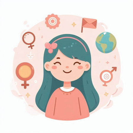 Cute little girl with social media icons around. Vector illustration.のイラスト素材