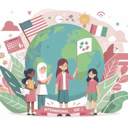 International Day of Peace, vector illustration. Group of girls with flags on the globe.のイラスト素材