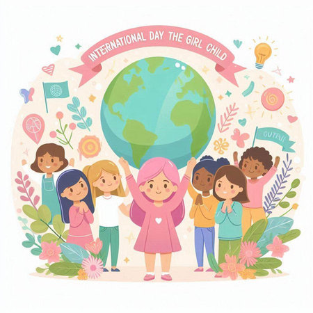 International Children's Day. Cute kids with a globe and flowers. Vector illustration.のイラスト素材