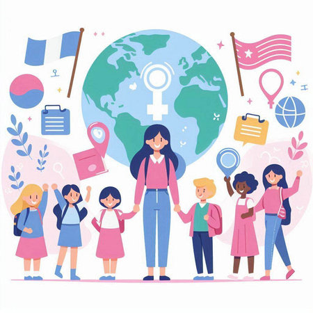 Female teacher with pupils and map of the world. Vector illustration.のイラスト素材