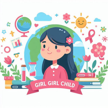 Girl Child Studying Flat Design Vector Illustration. Cute Smiling Schoolgirlのイラスト素材