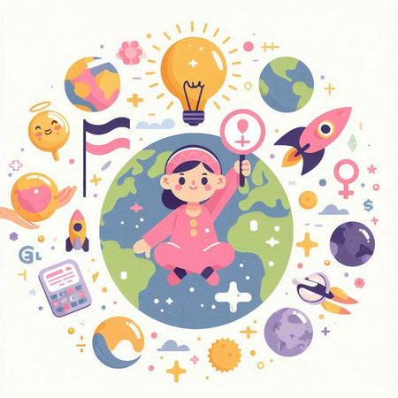 Cute little girl sitting on the planet with icons around. Vector illustration.のイラスト素材