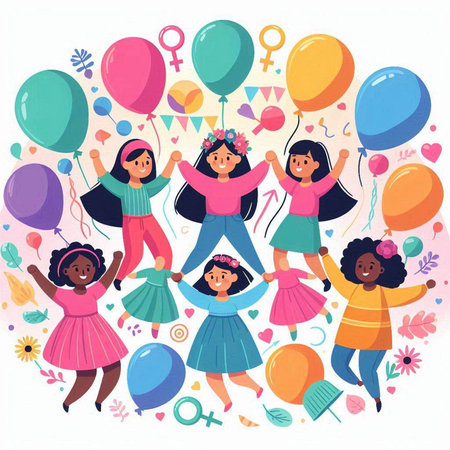 Happy girls with balloons and flowers. Vector illustration in cartoon style.のイラスト素材