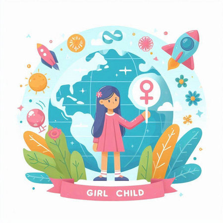 Girl with the sign of the gender on the globe. Vector illustrationのイラスト素材