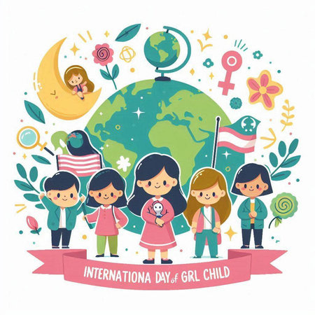 International Day of the Child. Vector illustration with happy children and planet.のイラスト素材
