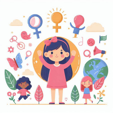 International Womens Day. Cute cartoon girl with different symbols.のイラスト素材