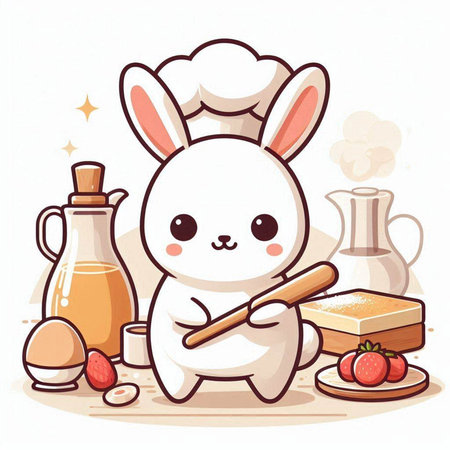Cute white rabbit chef with ingredients for cooking. Vector illustration.のイラスト素材