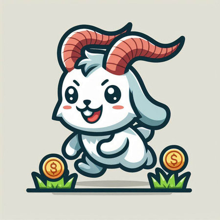 Illustration of a cute goat running with a coin in his handのイラスト素材