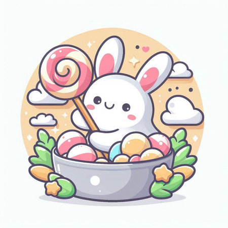 Cute rabbit with lollipop in bowl. Vector illustration.のイラスト素材