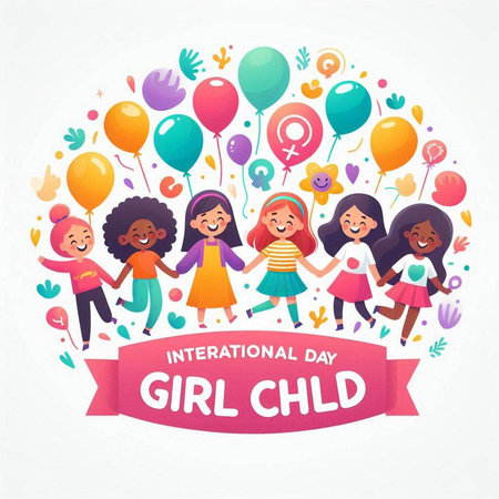 International Girl's Day greeting card with children and balloons. Vector illustration.のイラスト素材