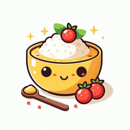 Cute vector illustration of a bowl of rice porridge with strawberriesのイラスト素材