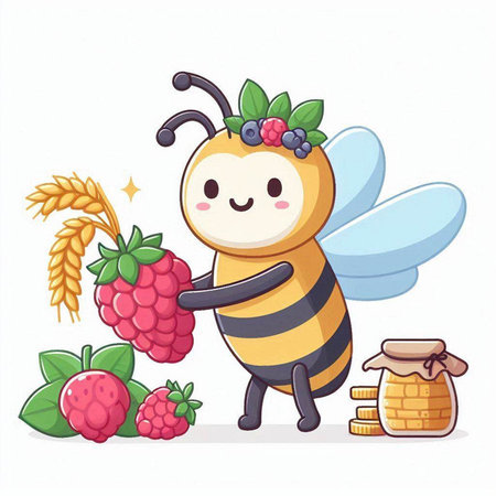 Cute bee with honey and raspberries. Vector illustration.のイラスト素材