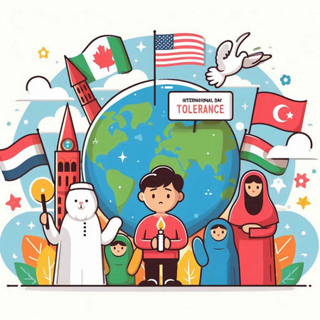 Vector illustration of Muslim people with flags of different countries around the world.のイラスト素材