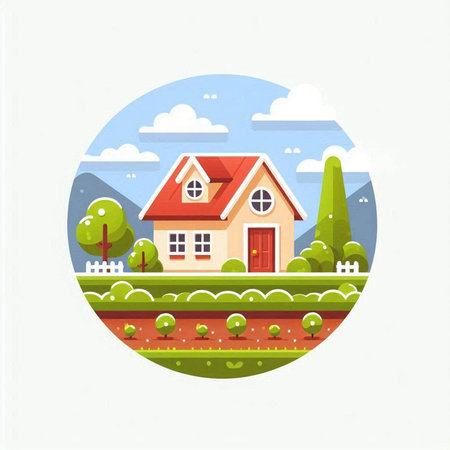 House on the background of nature. Vector illustration in flat style.のイラスト素材