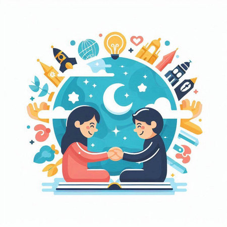 Muslim man and woman praying together on the background of the moon. Vector illustration.のイラスト素材