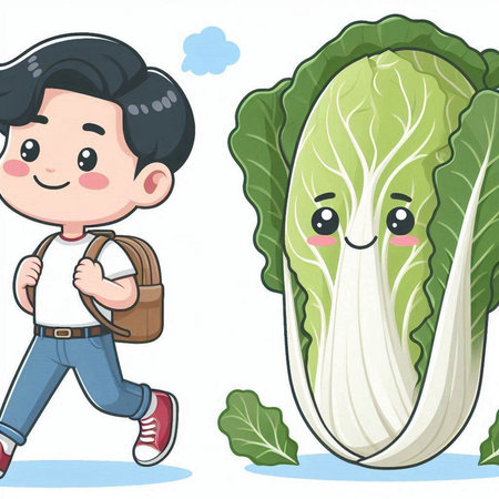 Illustration of a Kid Boy Carrying a Lettuce Bagのイラスト素材