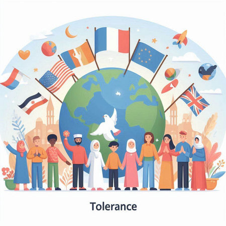 International day of peace concept. People with flags around the globe. Vector illustrationのイラスト素材