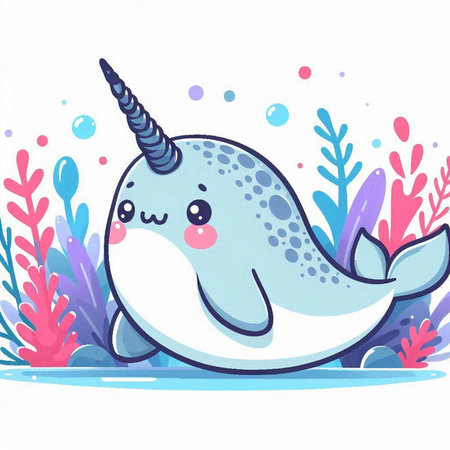 Cute narwhal on the background of the sea. Vector illustration.のイラスト素材