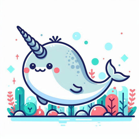 Cute cartoon narwhal. Vector illustration in flat style.のイラスト素材