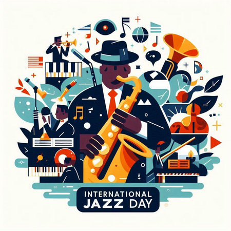 Jazz day. Vector illustration in flat style with music instruments.のイラスト素材