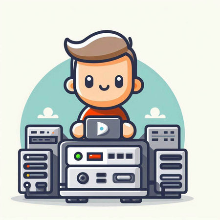 Man working in server room. Cute cartoon character vector illustration.のイラスト素材