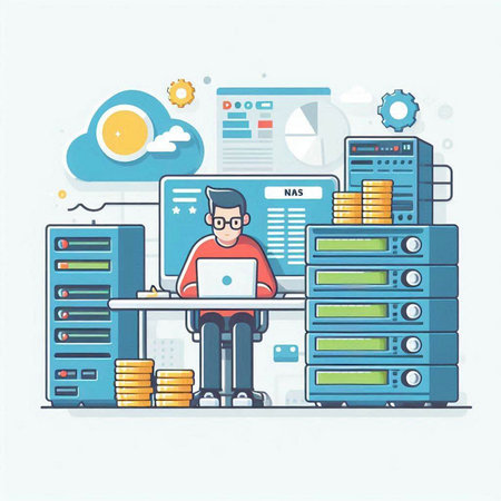 Programmer working in data center. Modern thin line style vector illustration.のイラスト素材