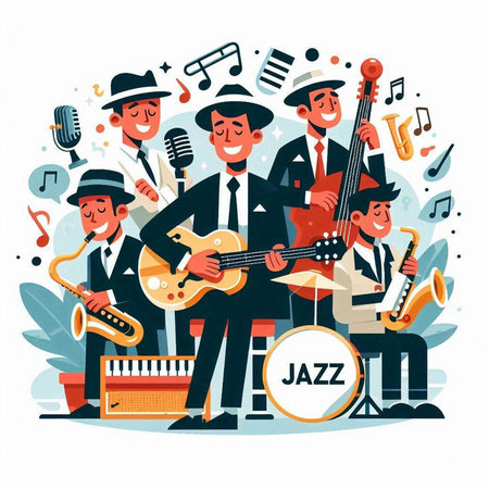 Musical band flat vector illustration. Cartoon character of musicians playing musical instruments.のイラスト素材